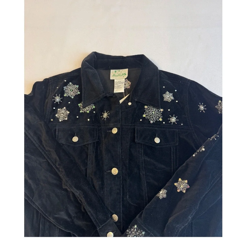 Vintage Deadstock The‎ Quacker Factory Jacket Women Small Black Velvet Snowman